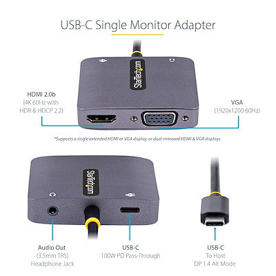 Adaptador De Video Usb C, Adaptador Multipuertos Usb C A Hdmi Vga Con Salida De Audio De 3.5mm, Hdr 4k A 60hz, Pd 3.0 De 100w, Compatible Con Thunderbolt 3, 4 - Startech.Com Modelo, 122-Usbc-Hdmi-4k-Vga