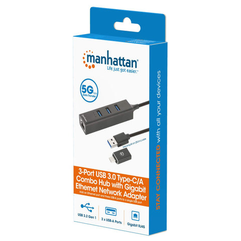 Adaptador Red Gb Usb A/C , Hub 3 Ptos V3.0 Manhattan 180894