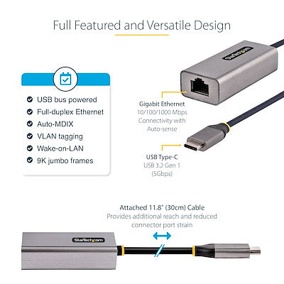 Adaptador Usb-C A Ethernet, 10, 100, 1000 Mbps, Adaptador De Red Gigabit, Asix Ax88179a, Dongle Nic Usb Tipo C A Ethernet Rj45 - Startech.Com Modelo Us1gc30b2