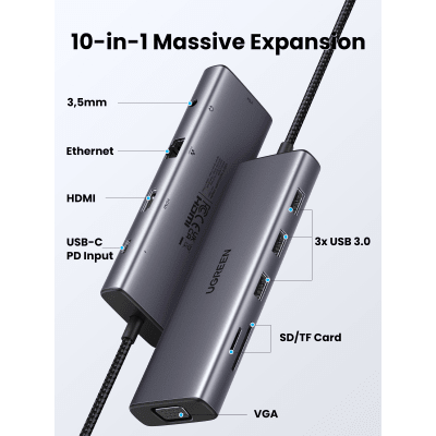 Hub USB-C 10 en 1 | HDMI 4K@30Hz + VGA 1920x1200 | 3x USB 3.0 5Gbps | Ethernet Gigabit | SD/TF Card Reader | PD 100W | Audio 3.5mm | Doble Pantalla Simultánea | Plug & Play Universal