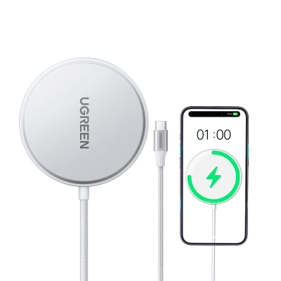 Cargador Inalámbrico Magnético 15W | Protocolo Qi 2 | USB-C 9V 2.2A | Eficiencia 83% | Protección Multinivel | Material PC+ABS+Aleación Aluminio | Cable 1.5m