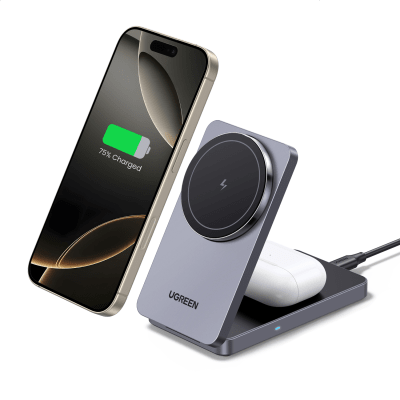 Cargador Inalámbrico 2 en 1 20W | Tecnología Qi2 15W Certificada | Carga Simultánea iPhone y AirPods | Ángulo Ajustable 70° | Diseño Plegable y Portátil | Compatibilidad Universal