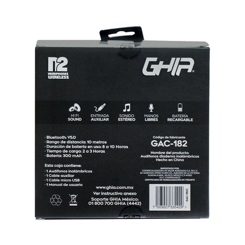Audifonos Diadema Bluetooth Ghia N2 Hifi Sound, Color Negro, 10m Alcance, Bt 4.2/ Bateria 300mah