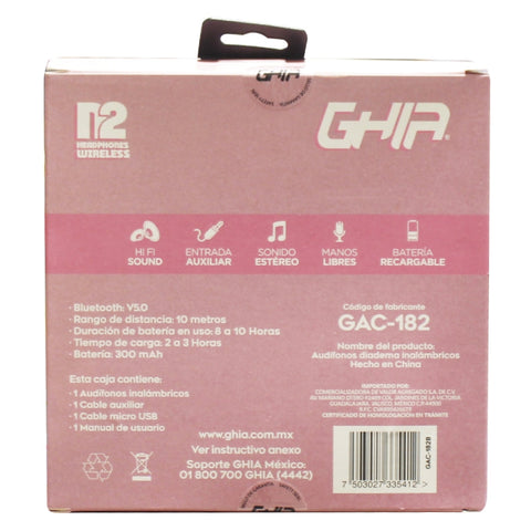 Audifonos Diadema Bluetooth Ghia N2 Hifi Sound, Color Rosa, 10m Alcance, Bt 4.2 , Bateria 300mah