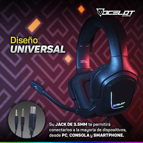 Audífonos Gamer Ocelot Tipo Diadema, Over-Ear, Usb, 3.5mm, Color Negro, Alámbricos, Iluminación Tipo Rgb, Control De Audio, Micrófono Con Cancelación De Ruido, Ajustables, Multiplataforma