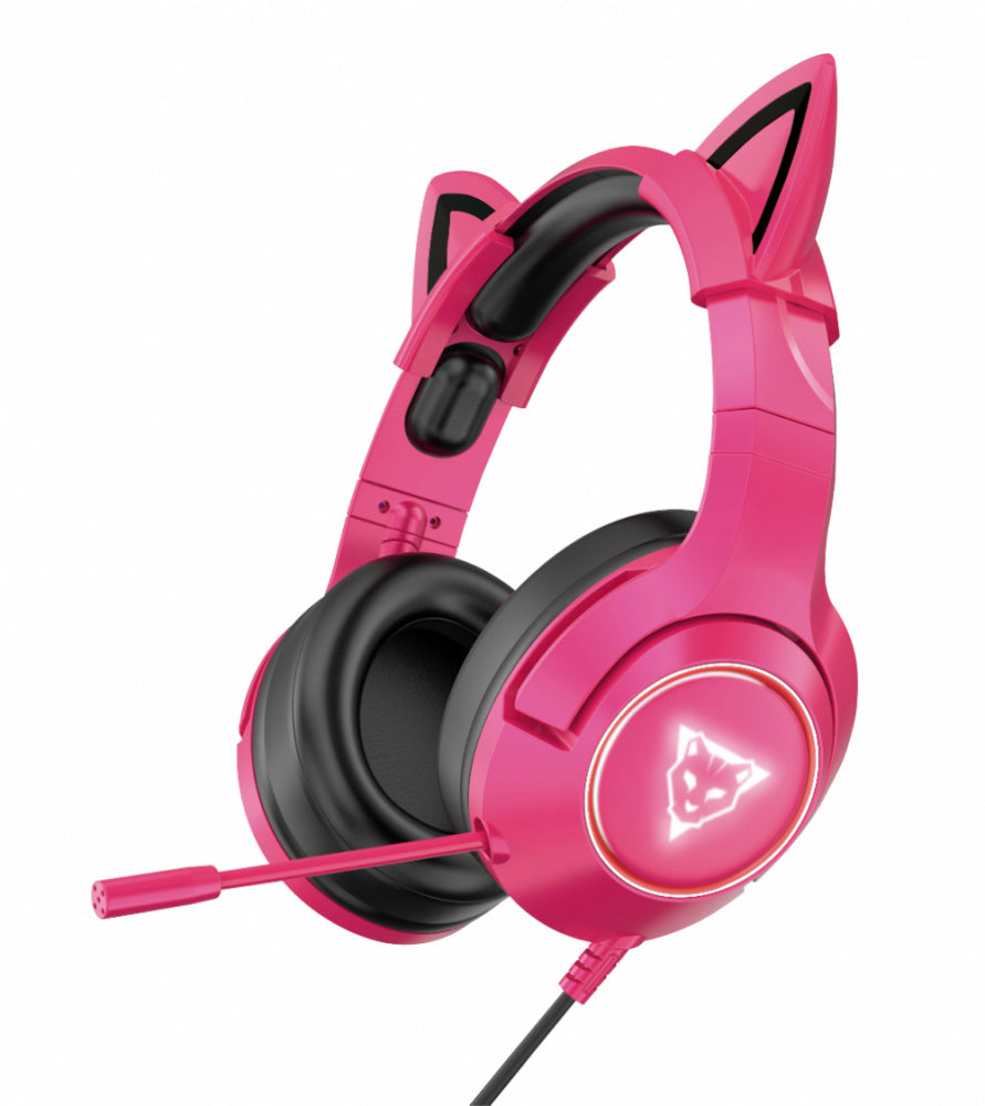 Audífonos Gamer Ocelot Tipo Diadema, Over-Ear, Usb, 3.5mm, Color Rosa Con Negro, Alámbricos, Iluminación Blanca,  Control De Audio, Micrófono Cancelación De Ruido, Ajustables, Multiplataforma
