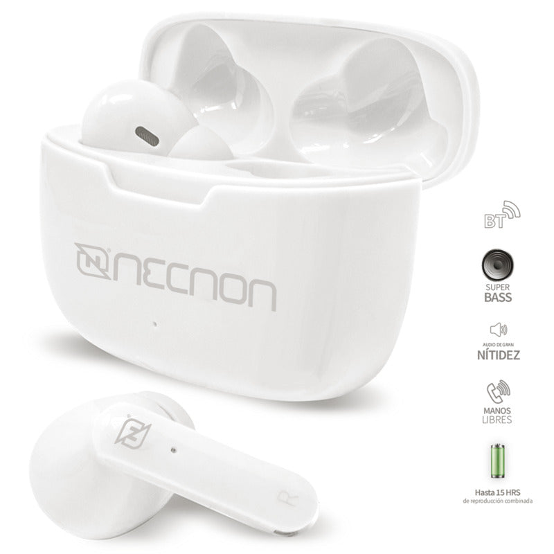 Audifonos Necnon Bluetooth 5.0 True Wireless Indicador Led Blanco(Nbab031200)