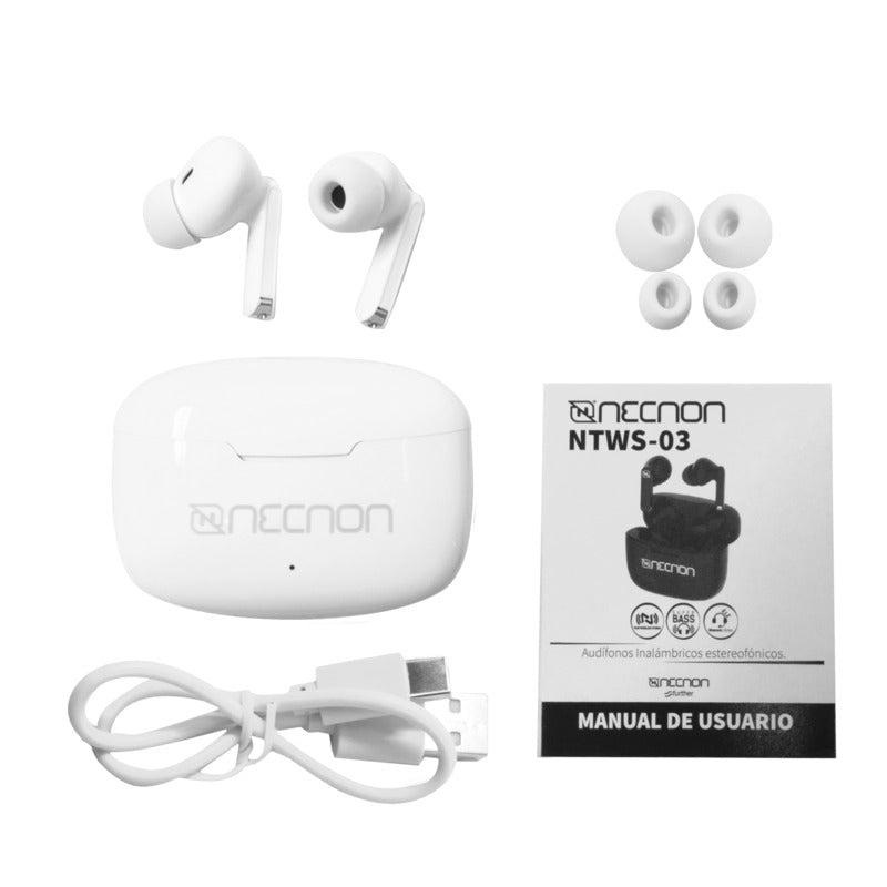 Audifonos Necnon Bluetooth 5.0 True Wireless Indicador Led Blanco(Nbab031200)