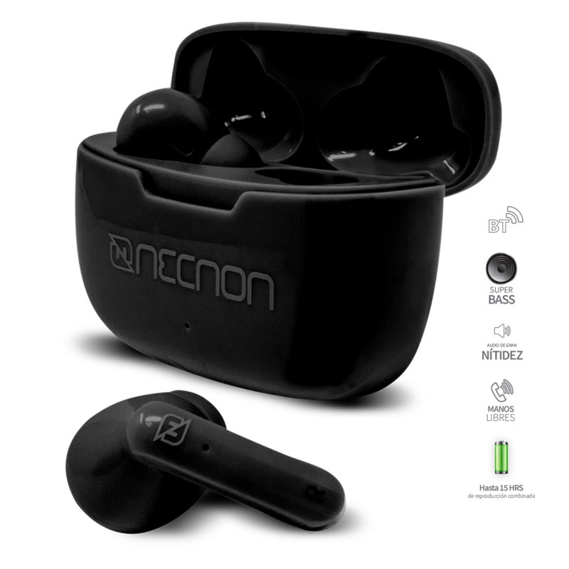 Audifonos Necnon Ntws-03 Bluetooth 5.0 Indicador Led Negro(Nbab030100)