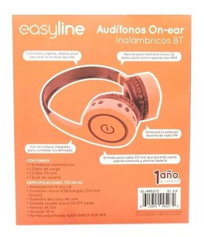 Audífonos On-Ear Inalambricos Manos Libres Con Bt Fm Sd 3.5mm Easy Line By Perfect Choice Coral