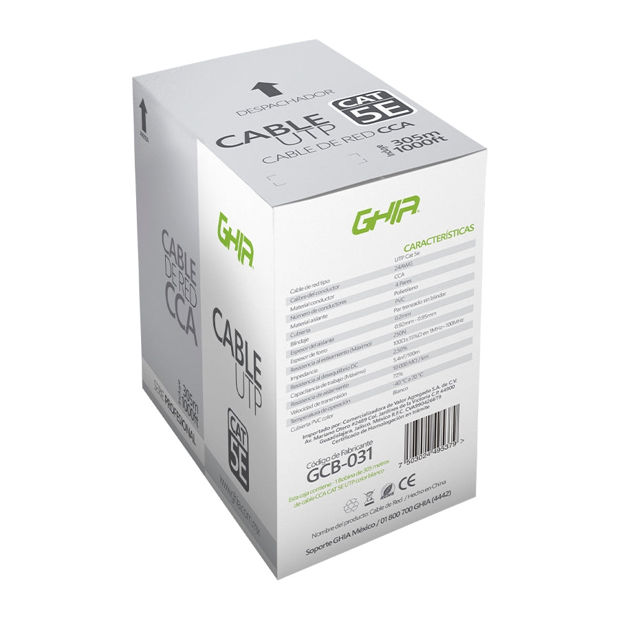 Bobina De Cable Marca Ghia Cat5e Utp Cca Color Blanco 24 Awg 305m 1000ft Certificacion Ce, Rohs