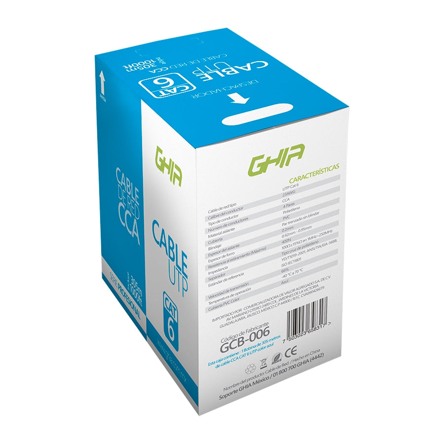 Bobina De Cable Marca Ghia Cat6 Utp Cca Color Azul 23 Awg Utp 305m 1000ft Certificacion Ce, Rohs