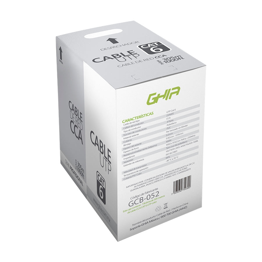 Bobina De Cable Marca Ghia Cat6 Utp Cca Color Blanco 23 Awg Utp 305m 1000ft Certificacin Ce, Rohs