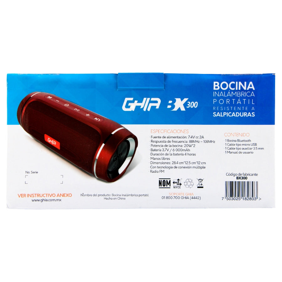 Bocina Bluetooth Bx300 Ghia Roja, Tws, 12w X 2, Aux, Radio Fm, Micro Sd Card, Usb