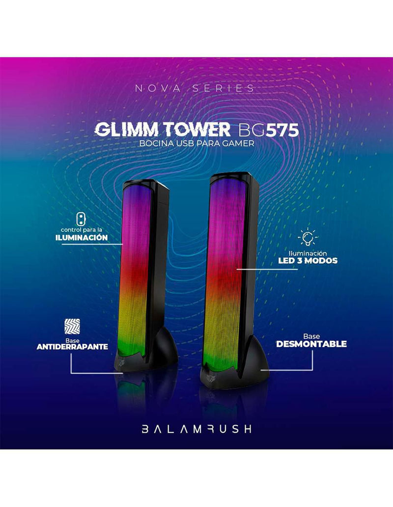 Bocina Usb Gamer Glimm Tower Bg575 2.0 Bt Rgb control Digital 10Wts Negro Br-936972