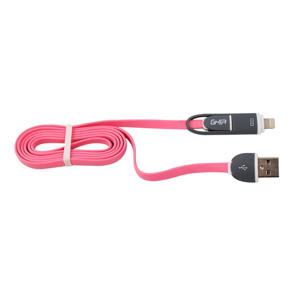 Cable 2 En 1 Micro Usb, Tipo Lightning Ghia 1.0 Metros Usb 2.1 Carga Y Transferencia De Datos Con Protector Para Entrada Y Salida Rosa Con Gris