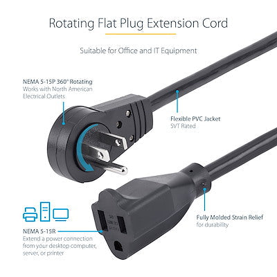 Cable De 1.8 Metros De Extension De Alimentacion - Cable Alargador De Corriente Rotativo Plano De 360deg - Nema 5-15p A Nema 5-15r - Startech.Com Modelo, Rtpac1016