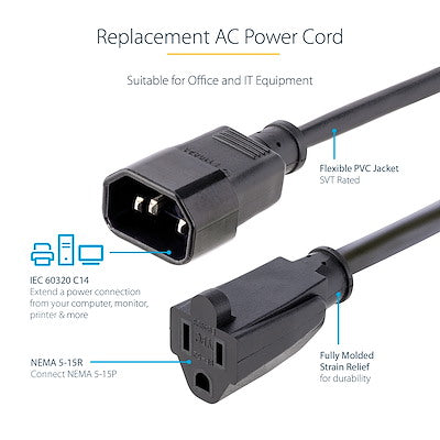 Cable De 1 Metro De Extension De Alimentacion Para Computadoras, Iec 320 C14 A Nema 5-15r, 10a 125v, Alargador - Startech.Com Modelo, 1415r-3f-Power-Cord