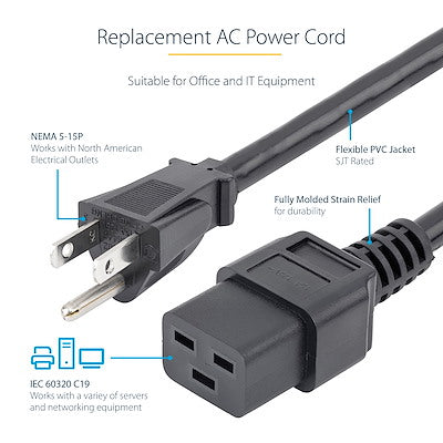 Cable De Corriente De 1.8 Metros De Alimentación - Servicio Pesado - 14awg - Nema 5-15p A C19 - 15a 125v - Startech.Com Modelo Pxt515c19146