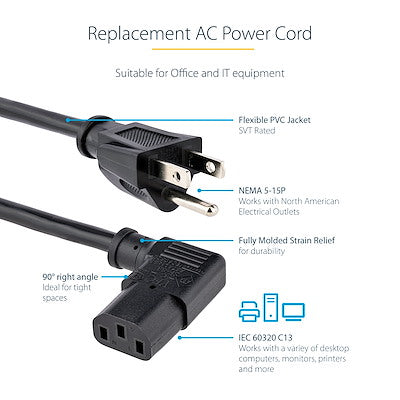 Cable De Corriente De 1 Metro Estandar De Alimentacion De Computadora, Acodado En Angulo Recto - 18awg - Nema 5-15p A C13 - 10a 125v - Startech.Com Modelo Pxt101l3