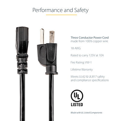 Cable De Corriente De 7.6 Metros Estándar De Alimentación De Computadora, Nema 5-15p A C13, 10a 125v, 18awg, Cable De Repuesto Para Impresora - Startech.Com Modelo Pxt10125