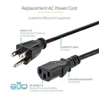 Cable De Corriente De 7.6 Metros Estándar De Alimentación De Computadora, Nema 5-15p A C13, 10a 125v, 18awg, Cable De Repuesto Para Impresora - Startech.Com Modelo Pxt10125