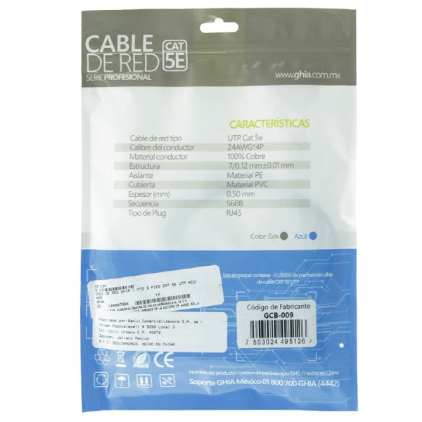 Cable De Red Ghia 1 Mettros 3 Pies Patch Cord Cat 5e Utp Azul 100cobre