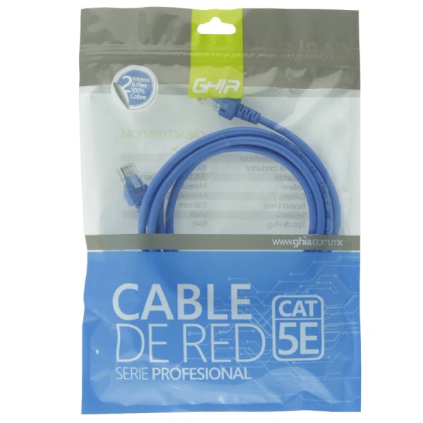 Cable De Red Rj45 Ghia 2 Metros 6 Pies Patch Cord Cat 5e Utp Azul 100cobre