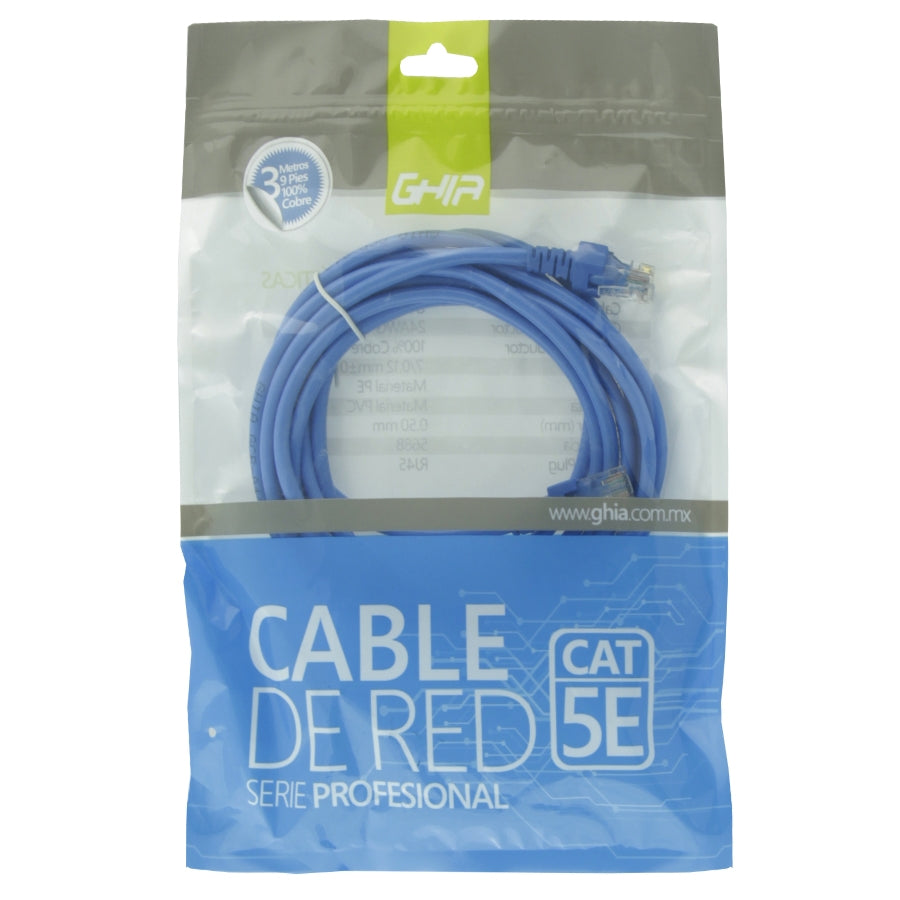Cable De Red Rj45 Ghia 3 Metros 9 Pies Patch Cord Cat 5e Utp Azul 100cobre