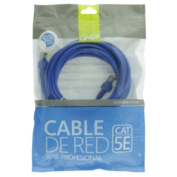 Cable De Red Rj45 Ghia 5 Metros 15 Pies Patch Cord Cat 5e Utp Azul 100cobre