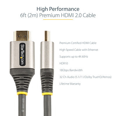 Cable Hdmi De 2 Metros - 2.0 Certificado Premium - Cable Hdmi Con Ethernet De Alta Velocidad Ultra Hd 4k 60hz - Hdr10, Arc - Cable De Video Hdmi Uhd - Para Monitores Uhd - M/M - Startech.Com Modelo Hdmmv2m