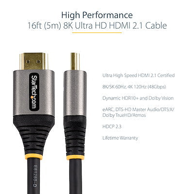 Cable Hdmi De 5 Metros - Hdmi 2.1 8k - Cable Hdmi Certificado De Ultra Alta Velocidad - 48gbps 8k 60hz 4k 120hz Hdr10+ Earc Ultra Hd - Startech.Com Modelo Hdmm21v5m