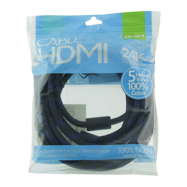 Cable Hdmi Ghia 5 Metros Reforzado Para Uso Rudo Cobre 4k A 60hz Ethernet Bolsa