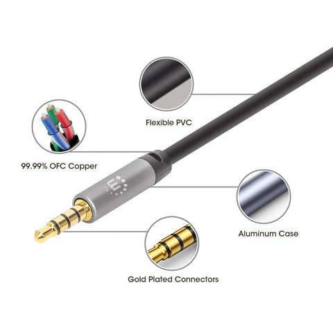 Cable Manhattan Audio Estéreo 3.5mm Macho-Macho 2 Metros Negro Con Plateado 355995
