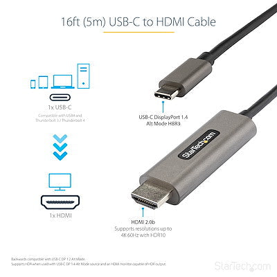 Cable Usb-C A Hdmi Startech.Com De 5 Metros 4k 60hz Con Hdr10 - Cable Adaptador De Video Ultra Hd Usb Tipo-C A Hdmi 2.0b 4k - Convertidor Hdr Usb C A Hdmi Para Monitor/Pantalla - Dp 1.4 Modo Alt Hbr3