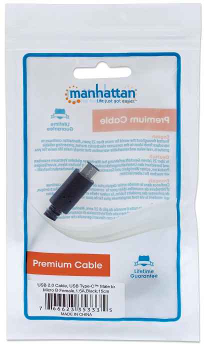 Cable Usb-C Manhattan C Macho-Micro B V2.0 Hembra 15cm Negro 353335