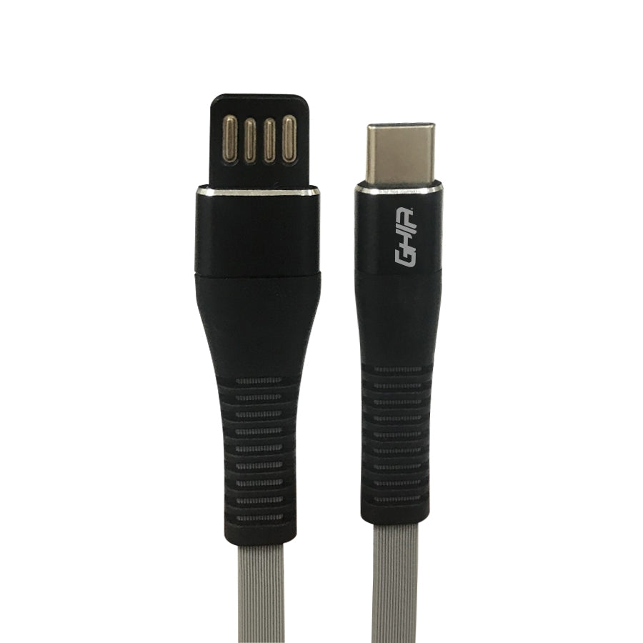 Cable Usb Tipo C Ghia Plano Reversible Color Gris Con Negro De 1 Metro