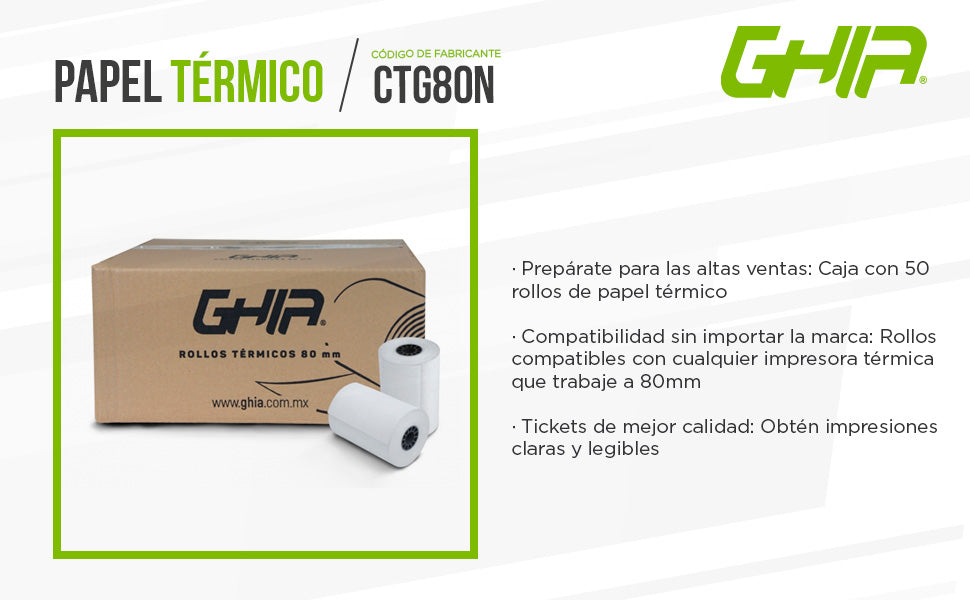 Caja Rollo Papel Termico Ghia 80x70 Mm, 50 Piezas, Para Impresoras De 80mm // Reaccion Negro