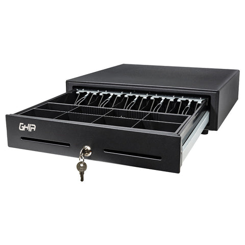Cajón De Dinero Ghia Negro Uso Rudo, Charola Removible, Panel Frontal Metálico, Compartimientos 5 Billetes Y 8 Monedas