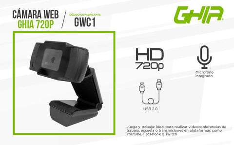 Camara Web Ghia 720p Hd, Microfono Integrado 3.5mm, Enfoque Fijo, Color Negro