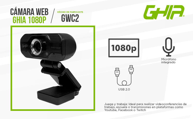 Camara Web Ghia Full Hd 1080p, Enfoque Automatico, Microfono Integrado Via Usb 2.0, Base Ajustable, Color Negro