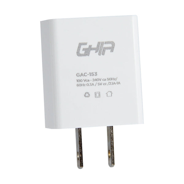 Cargador de Pared Ghia con dos Salidas Usb 2.1ª, 1.0a