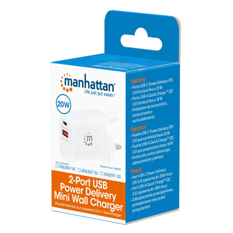 Cargador De Pared Usb C Pd 20w+Usb A Qc 18w Manhattan 406291