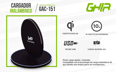 Cargador Inalambrico Ghia Qi Qc2.0 10w Carga Rapida Para Celular