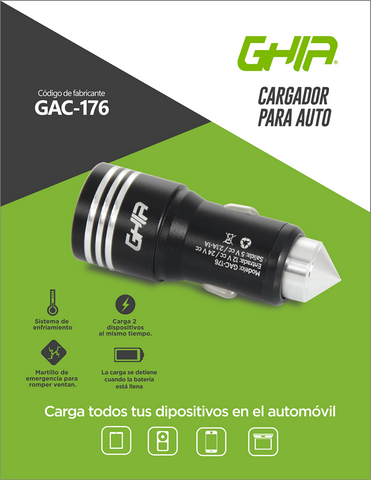 Cargador Para Auto Ghia 2 Puertos Usb