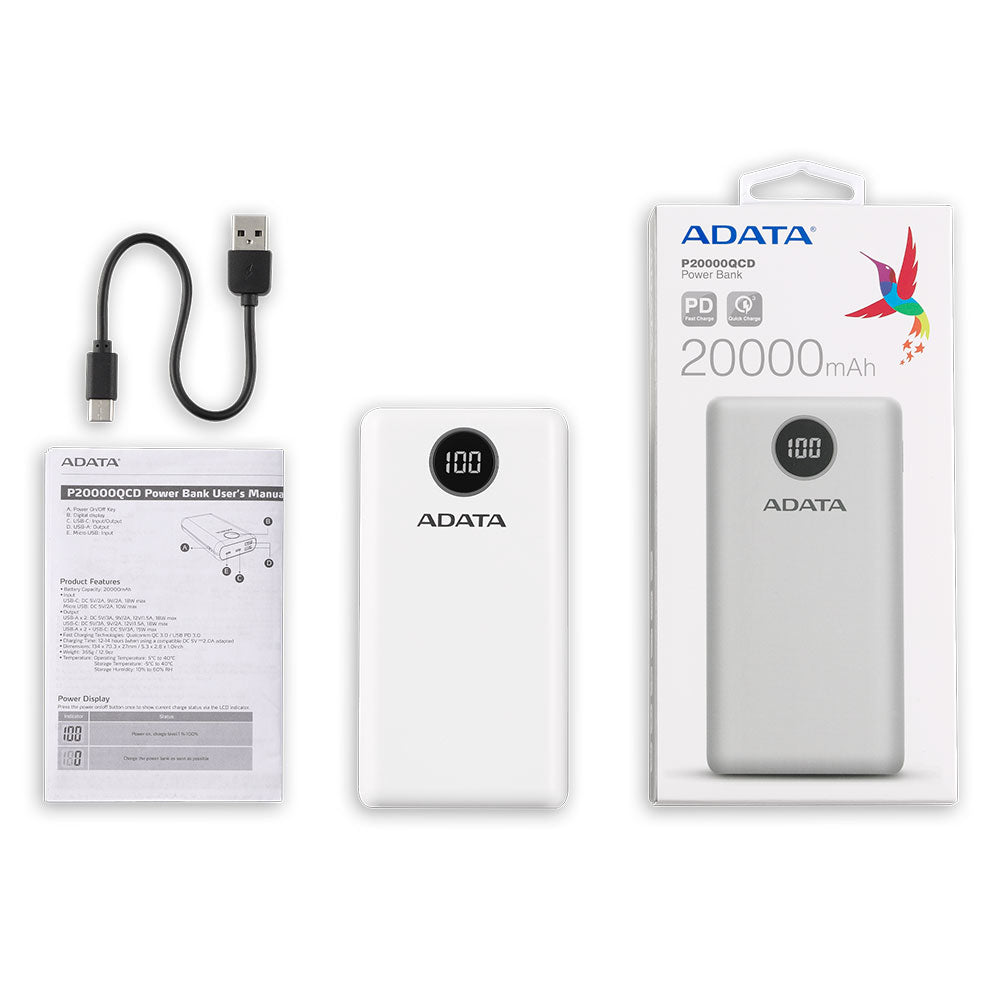 Cargador Portátil Digital Adata P20000qcd Tipo C Blanco(Ap20000qcd-Dgt-Cwh)