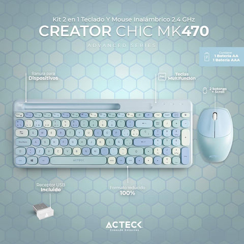 Combo Inalámbrico 2 en 1 Creator Chic Colors MK470, Teclado + Mouse 2.4Ghz Diseño Delgado + 2xBaterías AAA Incluidas Azul Advanced Series