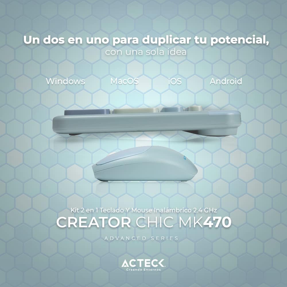 Combo Inalámbrico 2 en 1 Creator Chic Colors MK470, Teclado + Mouse 2.4Ghz Diseño Delgado + 2xBaterías AAA Incluidas Azul Advanced Series