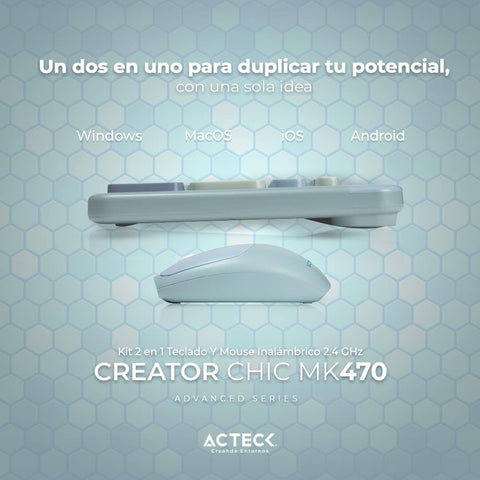 Combo Inalámbrico 2 en 1 Creator Chic Colors MK470, Teclado + Mouse 2.4Ghz Diseño Delgado + 2xBaterías AAA Incluidas Azul Advanced Series