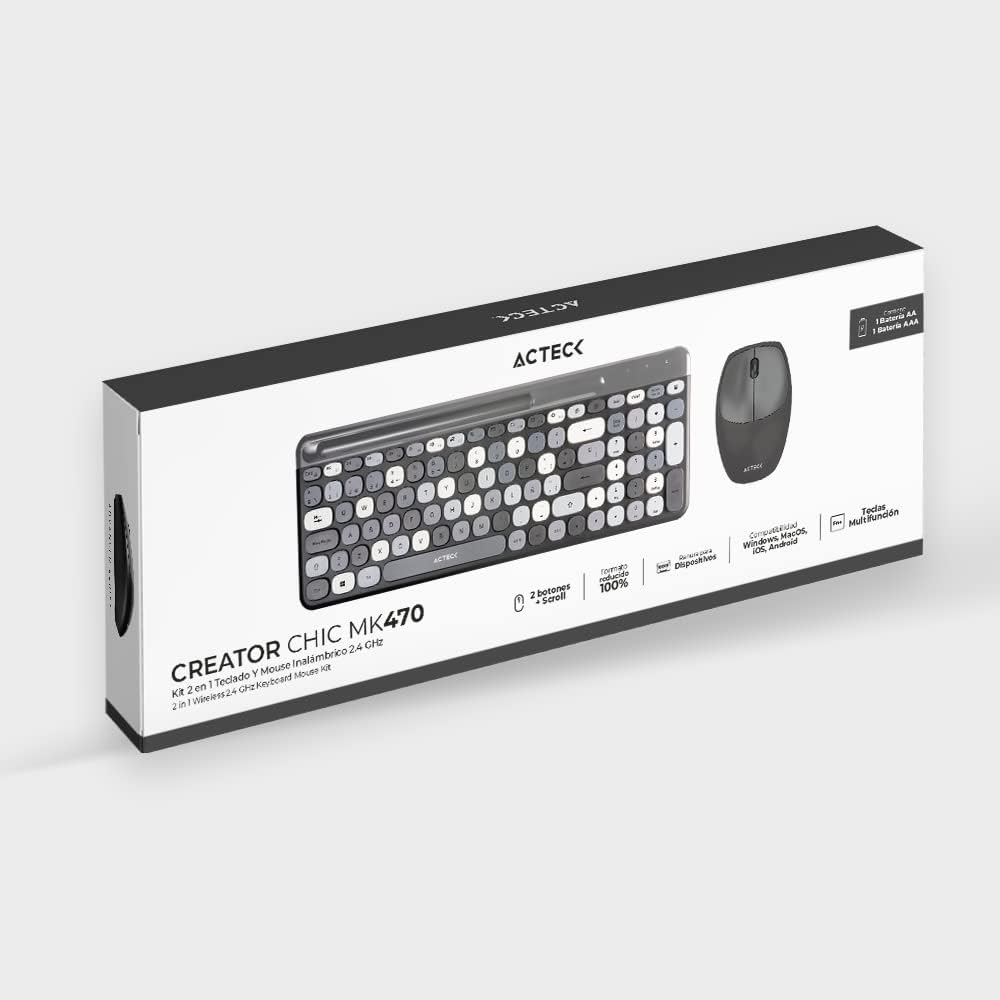 Combo Teclado y Mouse Inalámbrico 2 en 1 Creator Chic Colors MK470, Teclado + Mouse 2.4Ghz, Diseño Delgado + 2xBaterías AAA Incluidas Gris Advanced Series